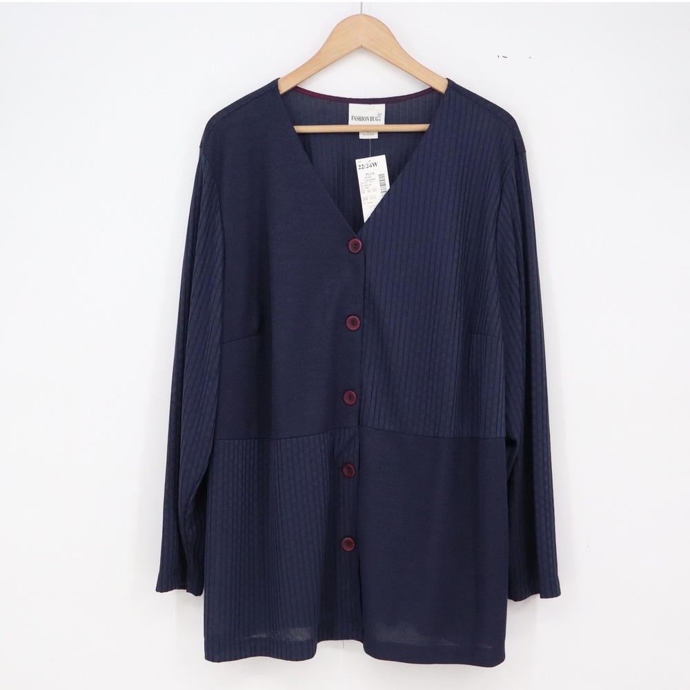 Fashion Bug Button-down Womens 22/24W Blue Lagoon Navy Ribbed Mixed NEW
